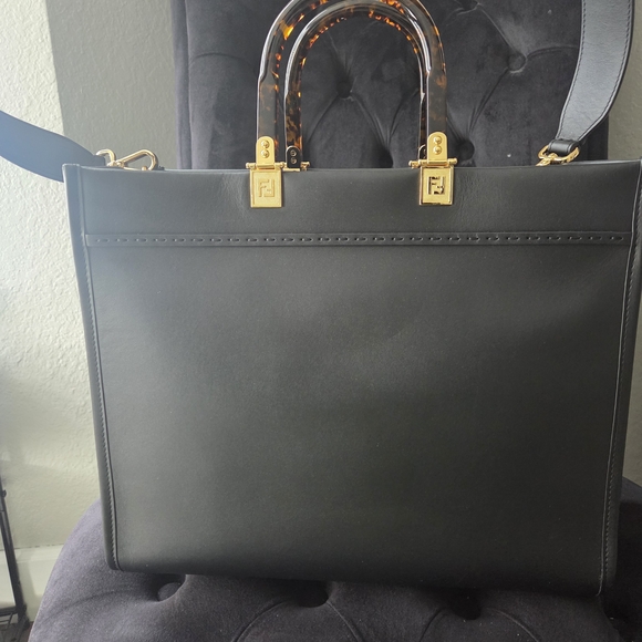Fendi Black Embossed Logo Tote with Gold Accents - Picture 2 of 9